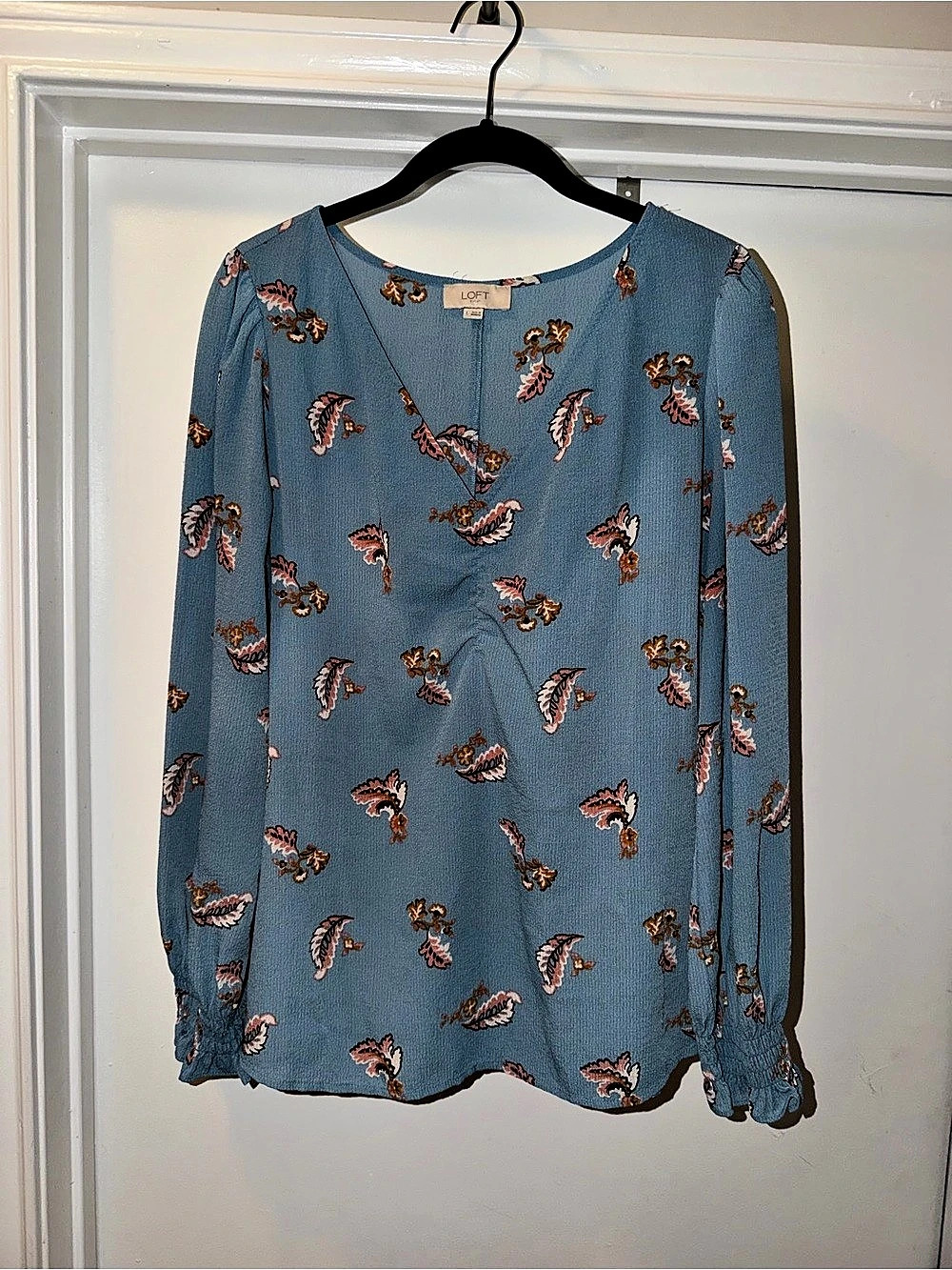 LOFT Paisley Long Sleeve Blouse in Blue Fall Lightweight Work Blouse